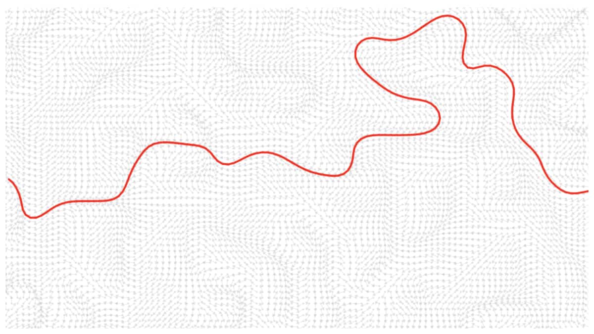 A line moving through a flow field determined by simplex noise