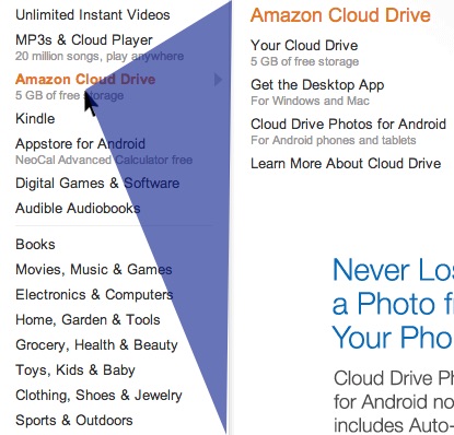 An example of Amazon’s mega dropdown menu, with invisible bridges connecting the top-level menu to the sub-menu.\n<span class="figure--credit">Image credit: Ben Kamens</span>