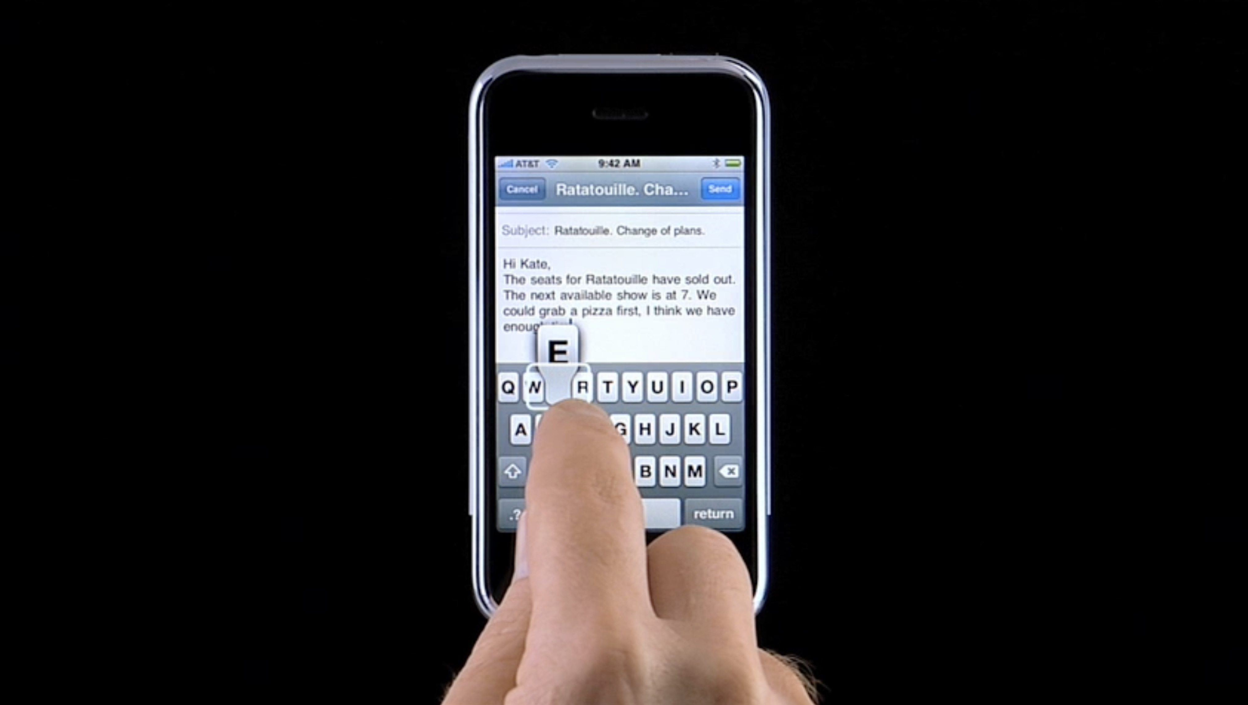 The final design of the keyboard used a familiar QWERTY layout and hid all the complexity of the touch targets and error correction behind the scenes. <span class="figure--credit">Image from Apple’s getting started series on the original iphone. Retrieved from the Internet Archive</span>