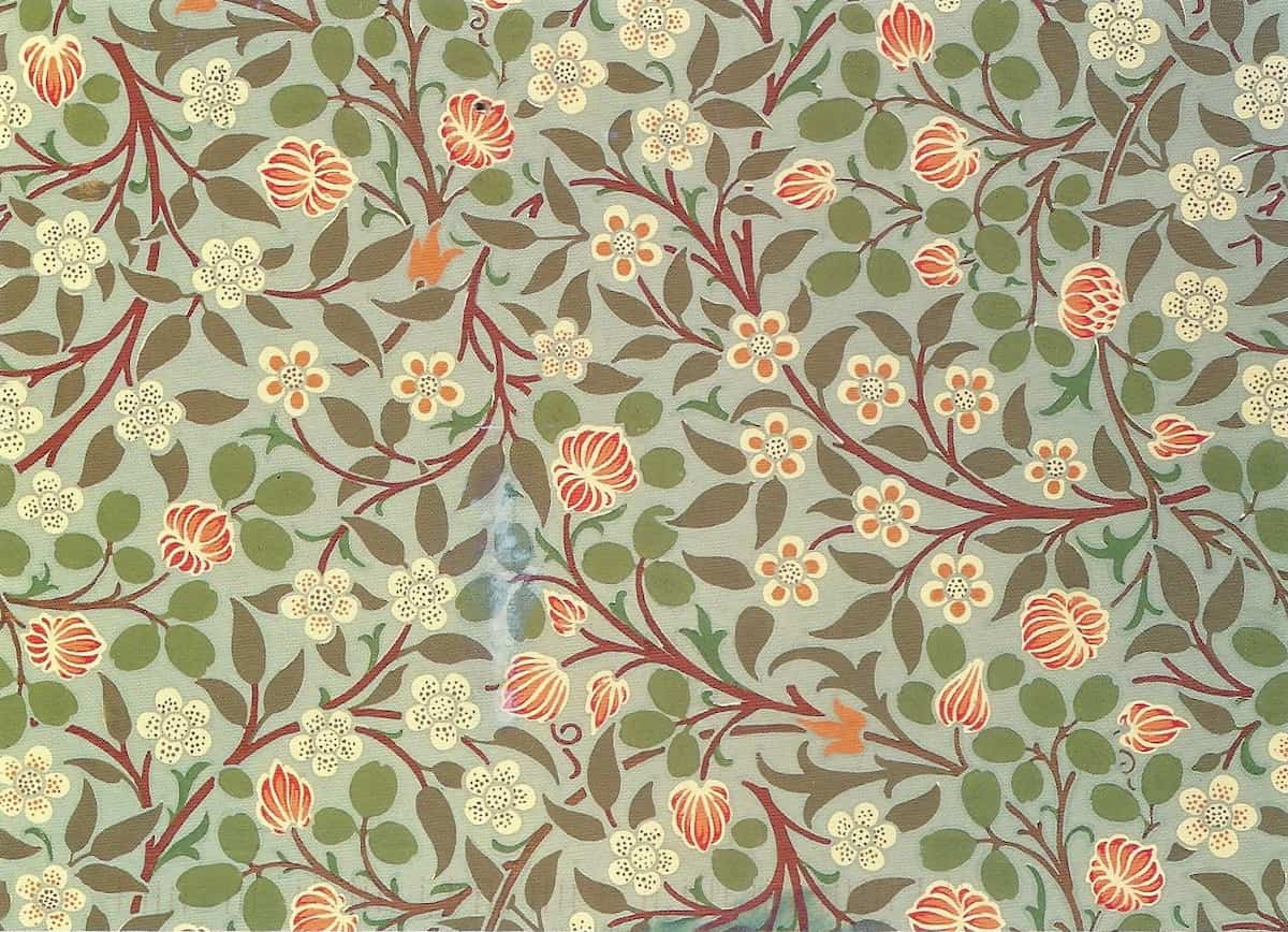 Wallpaper designed by William Morris in the Arts and Crafts style. Morris’ designs used bright colors and natural patterns in direct contrast to the monotonous ornate style of the early 1800s. <span class="figure--credit">Source: Morris & Co. - Online Collection of Brooklyn Museum via Wikipedia</span>