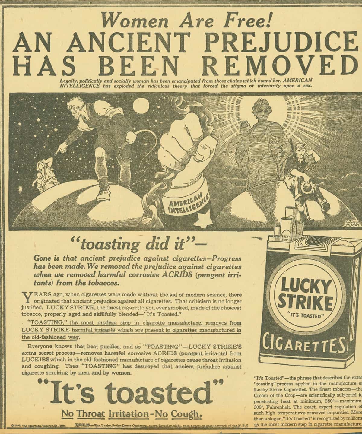 A 1929 ad for Lucky Strike cigarettes capitalizing on the women’s liberation movement. <span class="figure--credit">Source: <a href="https://tobacco.stanford.edu/cigarettes/targeting-women/mass-marketing-begins/#collection-21">Stanford Research Into the Impact of Tobacco Advertising<a/></span>